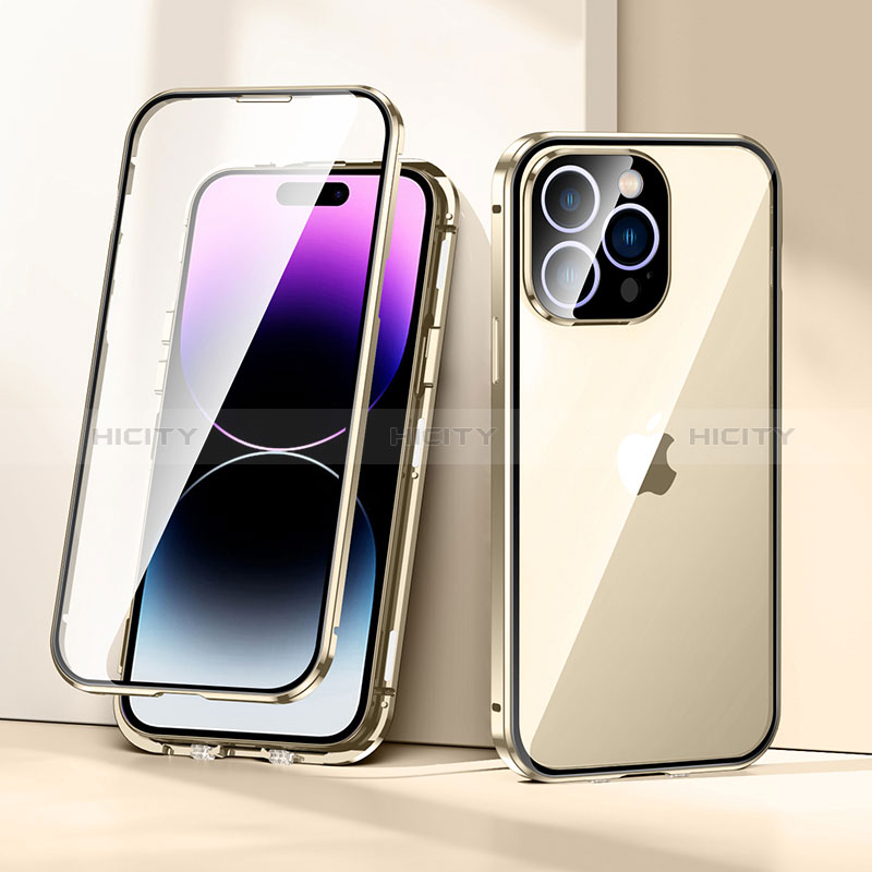 Funda Bumper Lujo Marco de Aluminio Espejo 360 Grados Carcasa LK2 para Apple iPhone 14 Pro Oro