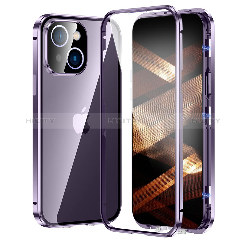 Funda Bumper Lujo Marco de Aluminio Espejo 360 Grados Carcasa LK2 para Apple iPhone 15 Morado