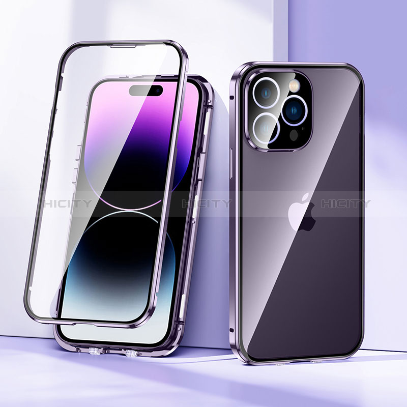 Funda Bumper Lujo Marco de Aluminio Espejo 360 Grados Carcasa LK2 para Apple iPhone 15 Pro Max Morado