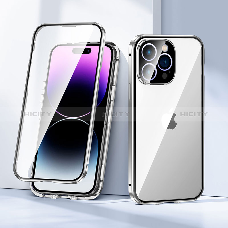 Funda Bumper Lujo Marco de Aluminio Espejo 360 Grados Carcasa LK2 para Apple iPhone 15 Pro Max Plata