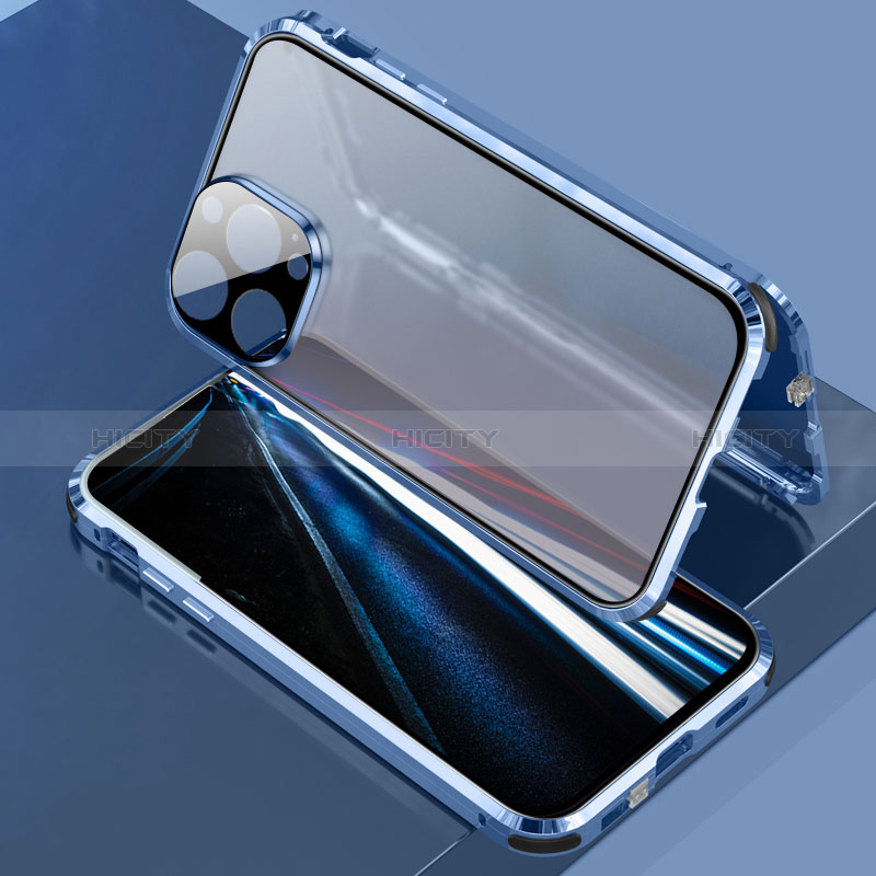 Funda Bumper Lujo Marco de Aluminio Espejo 360 Grados Carcasa LK3 para Apple iPhone 13 Pro Azul