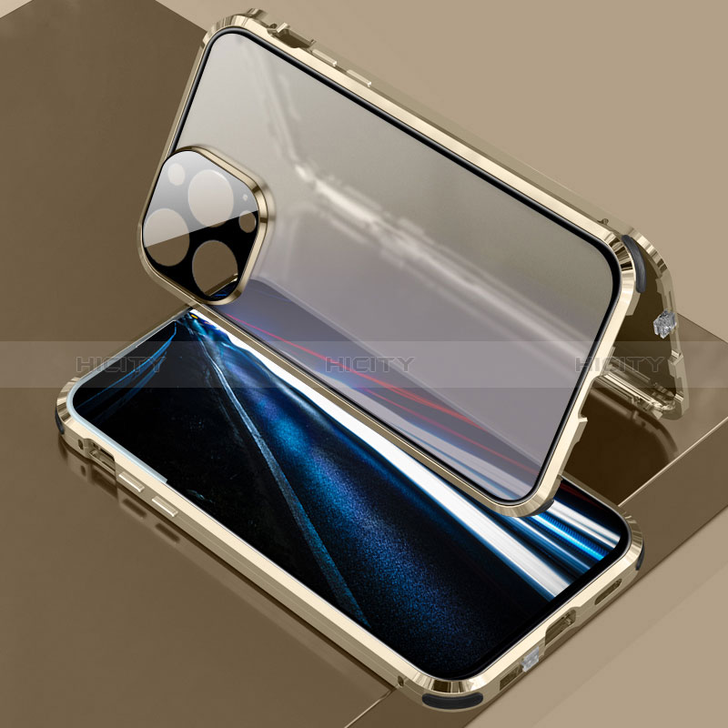 Funda Bumper Lujo Marco de Aluminio Espejo 360 Grados Carcasa LK3 para Apple iPhone 13 Pro Oro