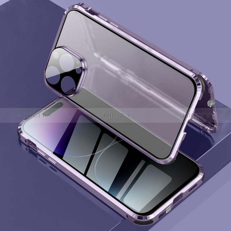 Funda Bumper Lujo Marco de Aluminio Espejo 360 Grados Carcasa LK3 para Apple iPhone 14 Pro Morado