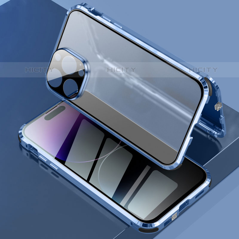 Funda Bumper Lujo Marco de Aluminio Espejo 360 Grados Carcasa LK3 para Apple iPhone 15 Pro Max Azul