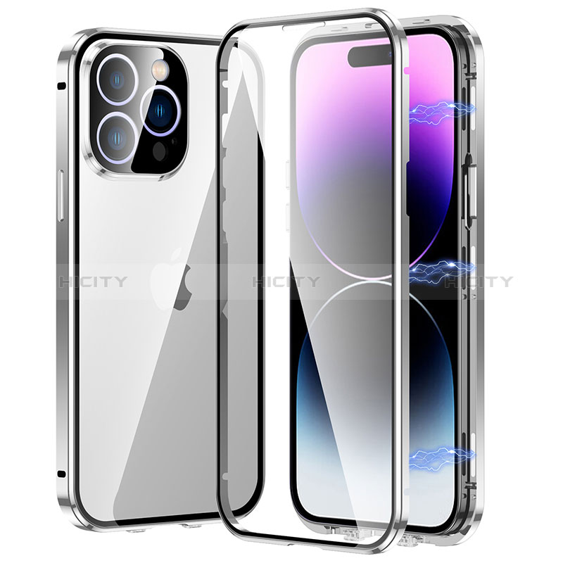 Funda Bumper Lujo Marco de Aluminio Espejo 360 Grados Carcasa LO1 para Apple iPhone 14 Pro Max Plata