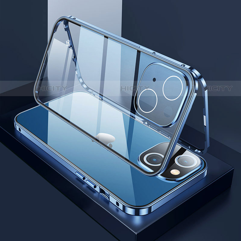 Funda Bumper Lujo Marco de Aluminio Espejo 360 Grados Carcasa M01 para Apple iPhone 13 Azul