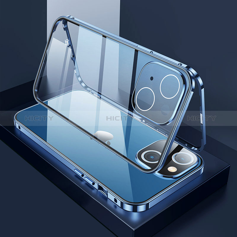 Funda Bumper Lujo Marco de Aluminio Espejo 360 Grados Carcasa M01 para Apple iPhone 15 Azul