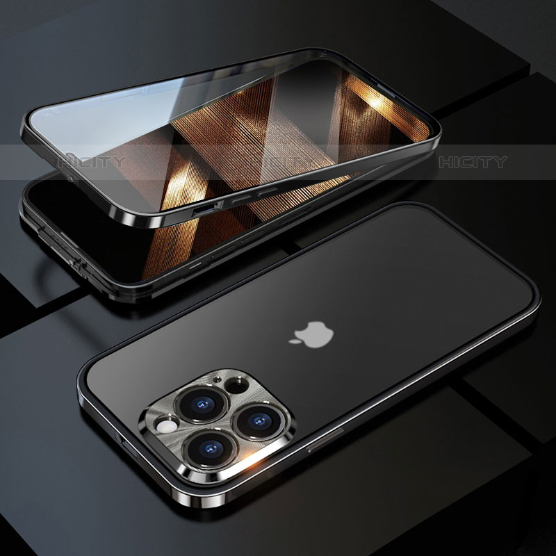 Funda Bumper Lujo Marco de Aluminio Espejo 360 Grados Carcasa M01 para Apple iPhone 15 Pro Negro