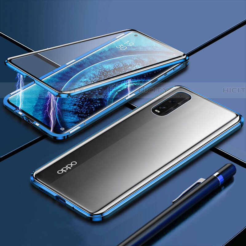 Funda Bumper Lujo Marco de Aluminio Espejo 360 Grados Carcasa M01 para Oppo Find X2 Azul