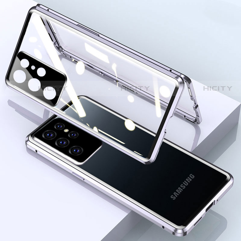 Funda Bumper Lujo Marco de Aluminio Espejo 360 Grados Carcasa M01 para Samsung Galaxy S22 Ultra 5G Plata