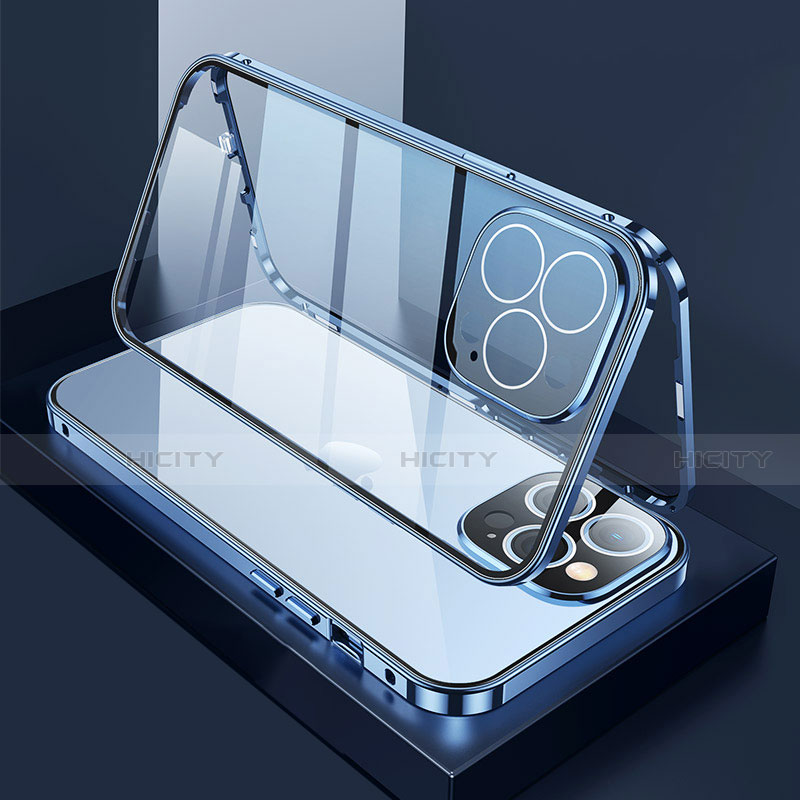 Funda Bumper Lujo Marco de Aluminio Espejo 360 Grados Carcasa M02 para Apple iPhone 13 Pro Azul