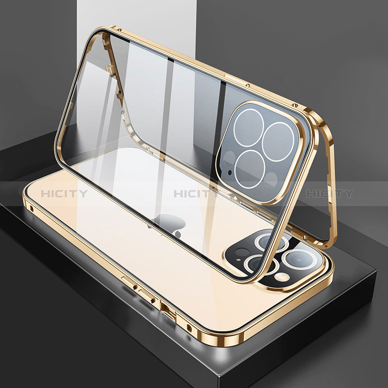 Funda Bumper Lujo Marco de Aluminio Espejo 360 Grados Carcasa M02 para Apple iPhone 14 Pro Max Oro