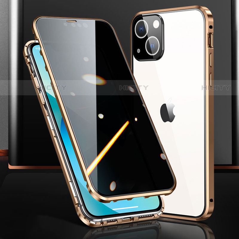 Funda Bumper Lujo Marco de Aluminio Espejo 360 Grados Carcasa M03 para Apple iPhone 13 Mini Oro