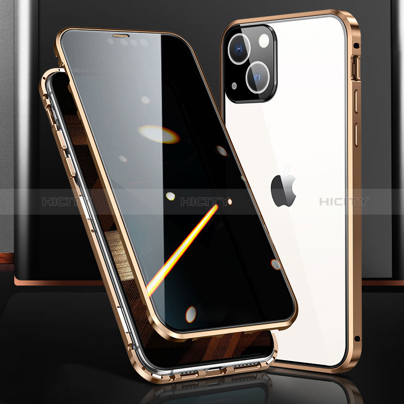 Funda Bumper Lujo Marco de Aluminio Espejo 360 Grados Carcasa M03 para Apple iPhone 15 Oro