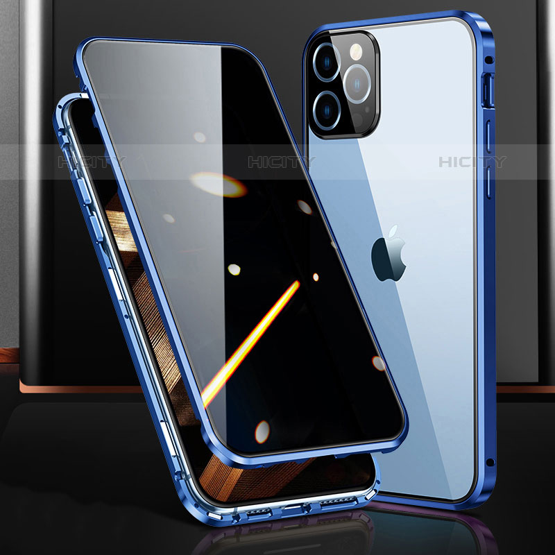 Funda Bumper Lujo Marco de Aluminio Espejo 360 Grados Carcasa M03 para Apple iPhone 15 Pro Azul