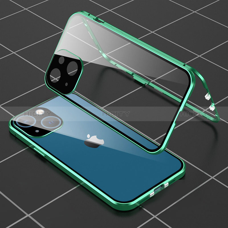 Funda Bumper Lujo Marco de Aluminio Espejo 360 Grados Carcasa M04 para Apple iPhone 15 Plus Verde