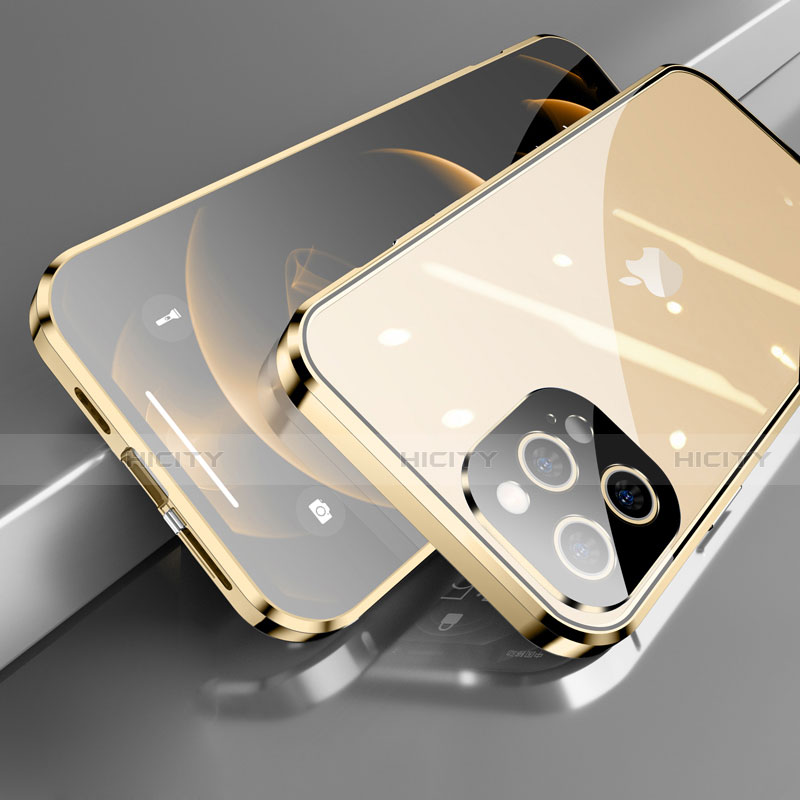 Funda Bumper Lujo Marco de Aluminio Espejo 360 Grados Carcasa M05 para Apple iPhone 13 Pro Oro