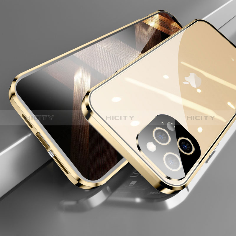 Funda Bumper Lujo Marco de Aluminio Espejo 360 Grados Carcasa M05 para Apple iPhone 14 Pro Oro