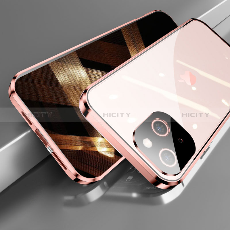 Funda Bumper Lujo Marco de Aluminio Espejo 360 Grados Carcasa M05 para Apple iPhone 15 Oro Rosa