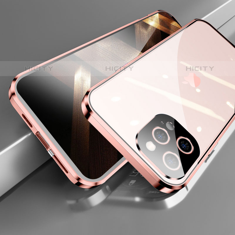 Funda Bumper Lujo Marco de Aluminio Espejo 360 Grados Carcasa M05 para Apple iPhone 15 Pro Oro Rosa