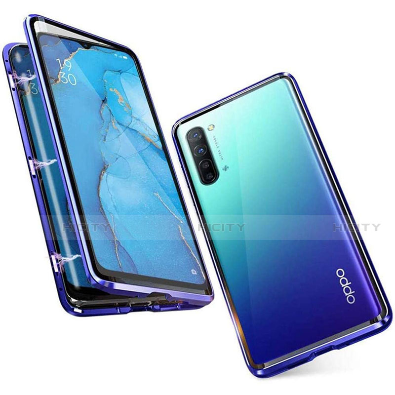 Funda Bumper Lujo Marco de Aluminio Espejo 360 Grados Carcasa M05 para Oppo F15 Azul