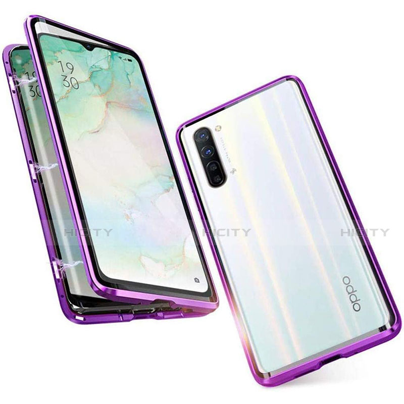 Funda Bumper Lujo Marco de Aluminio Espejo 360 Grados Carcasa M05 para Oppo F15 Morado