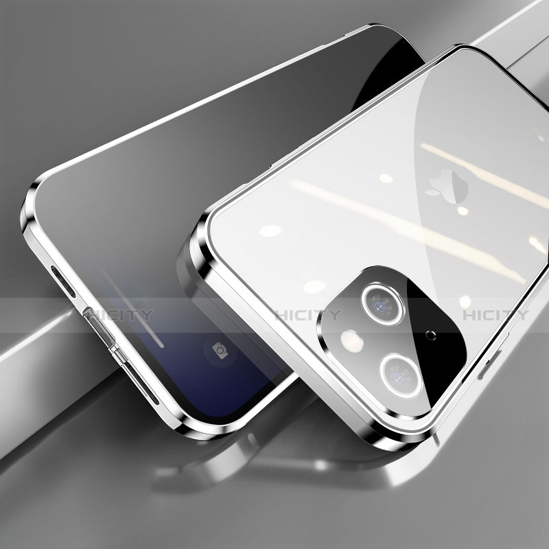 Funda Bumper Lujo Marco de Aluminio Espejo 360 Grados Carcasa M06 para Apple iPhone 13 Plata