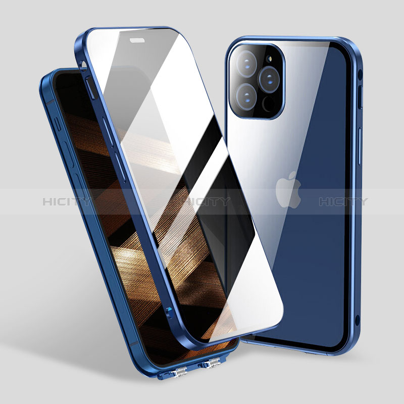 Funda Bumper Lujo Marco de Aluminio Espejo 360 Grados Carcasa M06 para Apple iPhone 15 Pro Max Azul