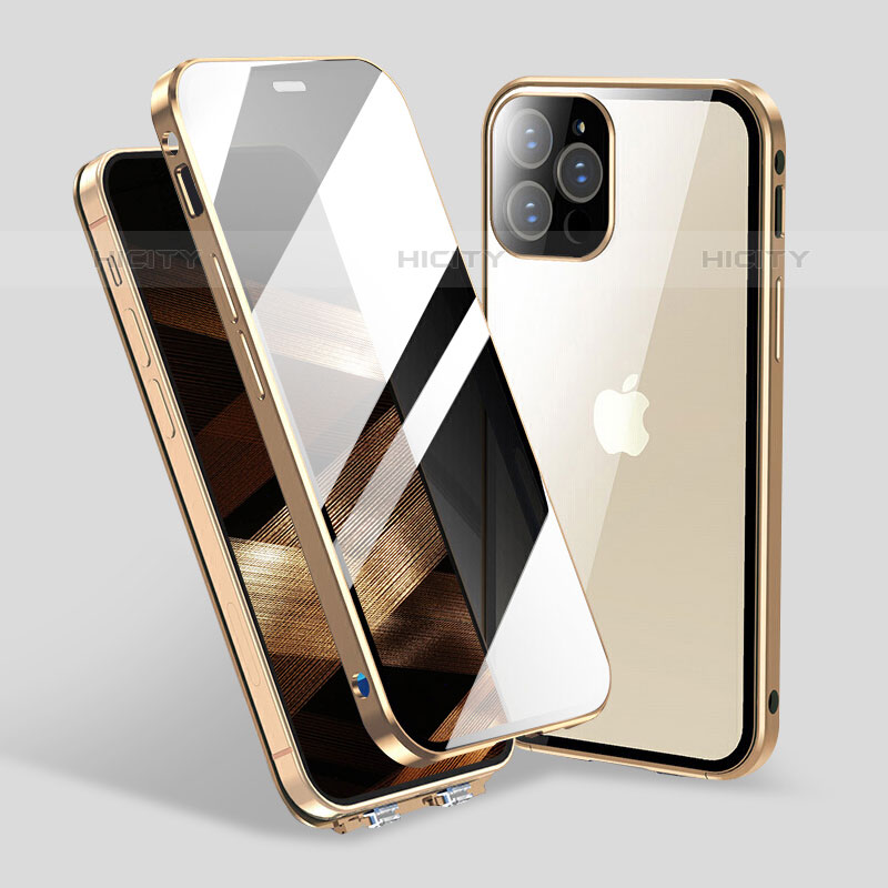 Funda Bumper Lujo Marco de Aluminio Espejo 360 Grados Carcasa M06 para Apple iPhone 16 Pro Max Oro