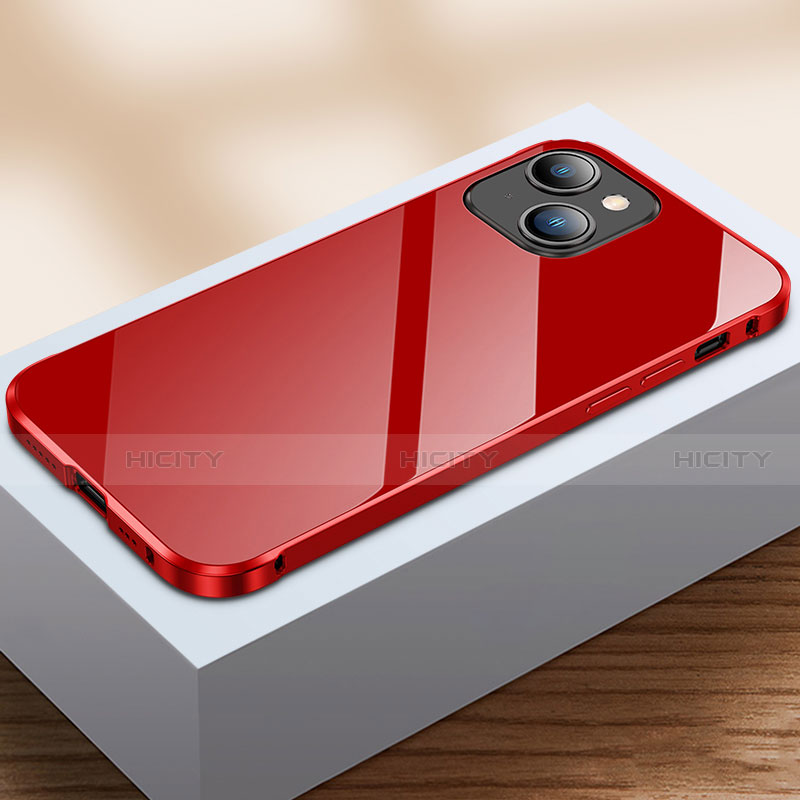 Funda Bumper Lujo Marco de Aluminio Espejo 360 Grados Carcasa M07 para Apple iPhone 13 Mini Rojo