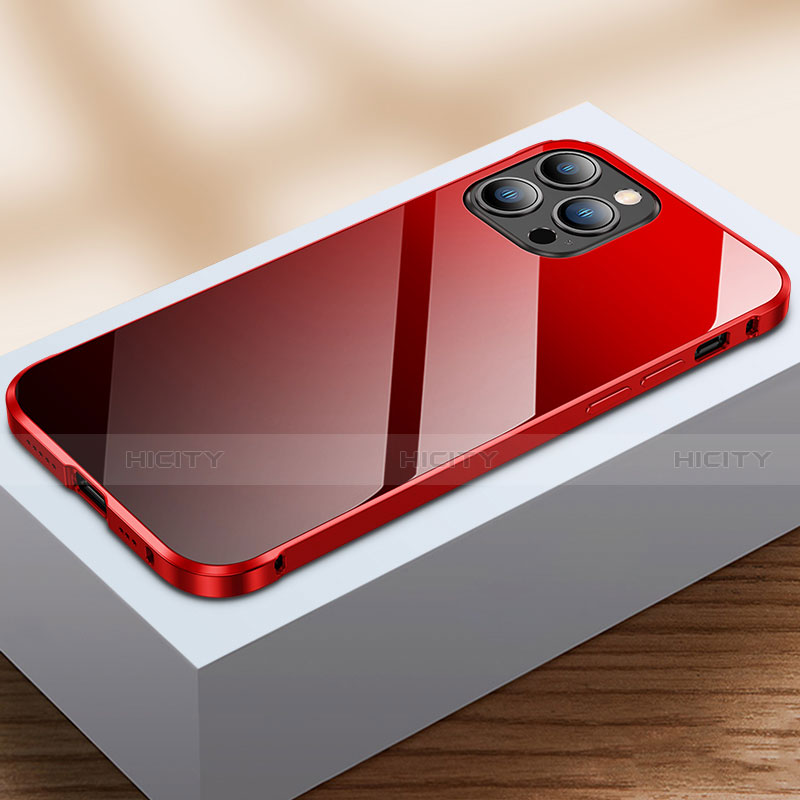 Funda Bumper Lujo Marco de Aluminio Espejo 360 Grados Carcasa M07 para Apple iPhone 13 Pro Max Rojo y Negro