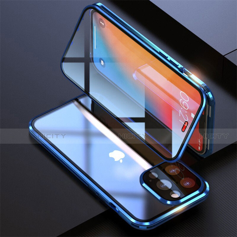 Funda Bumper Lujo Marco de Aluminio Espejo 360 Grados Carcasa M08 para Apple iPhone 13 Pro Azul