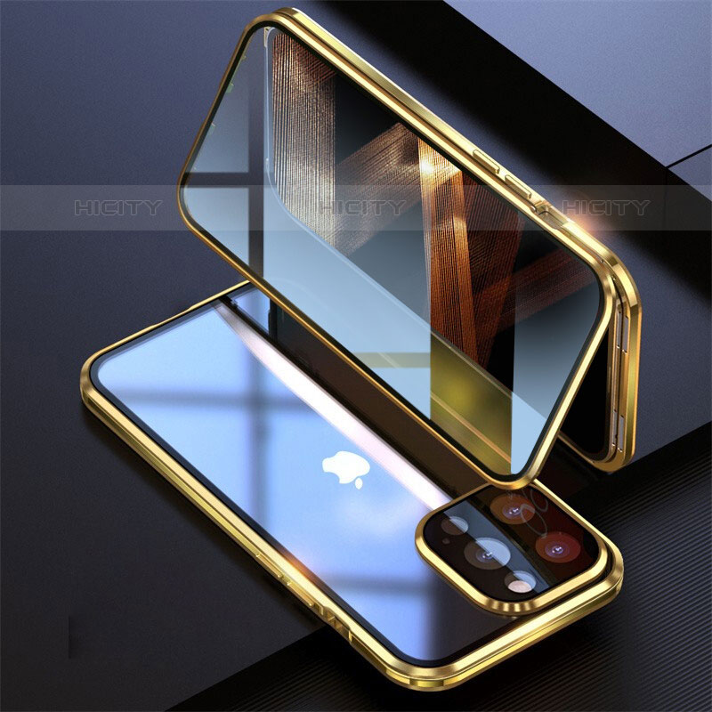 Funda Bumper Lujo Marco de Aluminio Espejo 360 Grados Carcasa M08 para Apple iPhone 15 Pro Oro