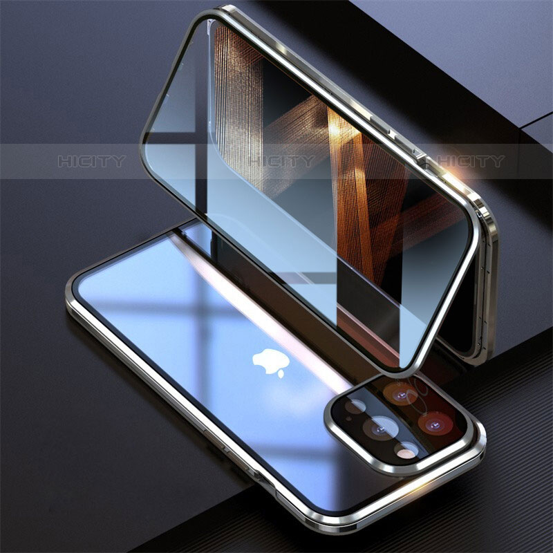 Funda Bumper Lujo Marco de Aluminio Espejo 360 Grados Carcasa M08 para Apple iPhone 15 Pro Plata