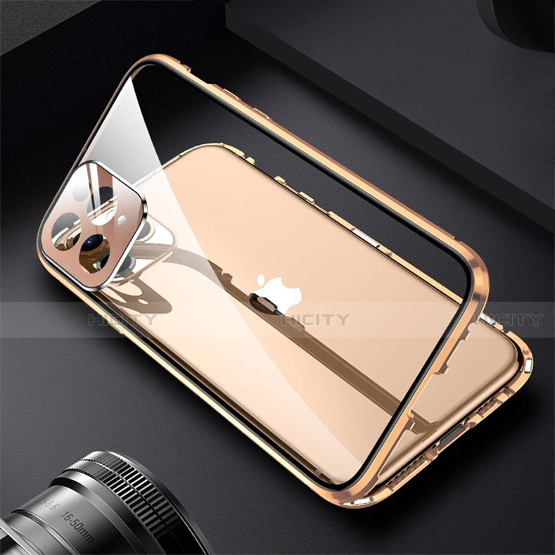 Funda Bumper Lujo Marco de Aluminio Espejo 360 Grados Carcasa M09 para Apple iPhone 13 Pro Max Oro