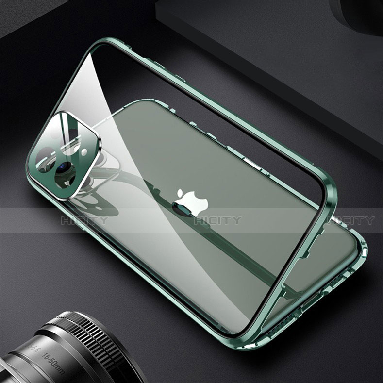 Funda Bumper Lujo Marco de Aluminio Espejo 360 Grados Carcasa M09 para Apple iPhone 13 Pro Verde