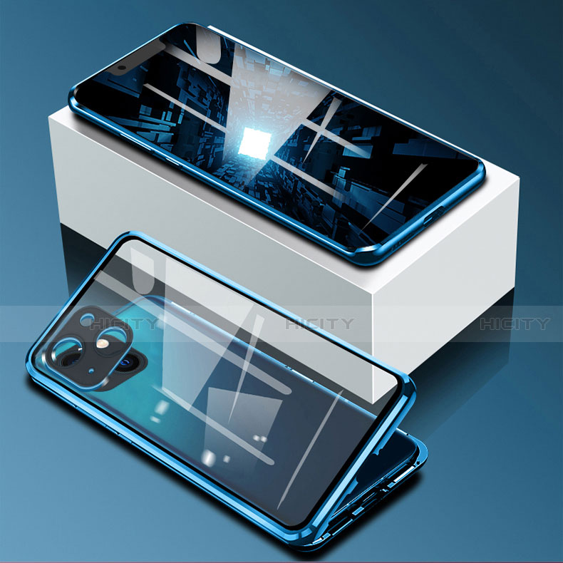 Funda Bumper Lujo Marco de Aluminio Espejo 360 Grados Carcasa M09 para Apple iPhone 14 Plus Azul