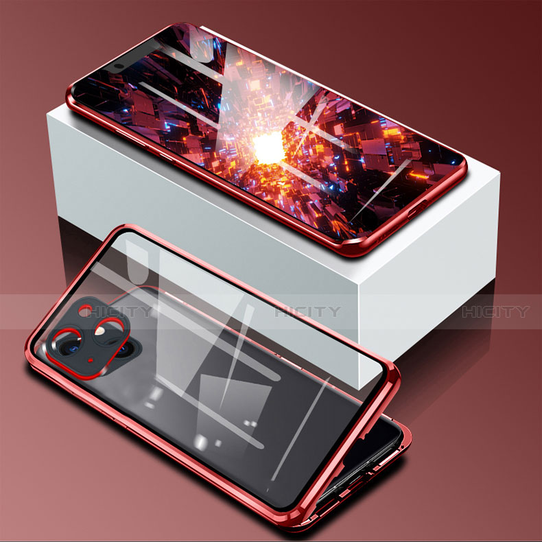 Funda Bumper Lujo Marco de Aluminio Espejo 360 Grados Carcasa M09 para Apple iPhone 14 Plus Rojo