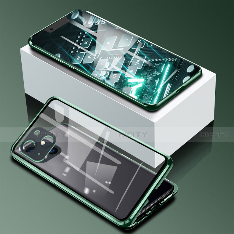 Funda Bumper Lujo Marco de Aluminio Espejo 360 Grados Carcasa M09 para Apple iPhone 14 Plus Verde