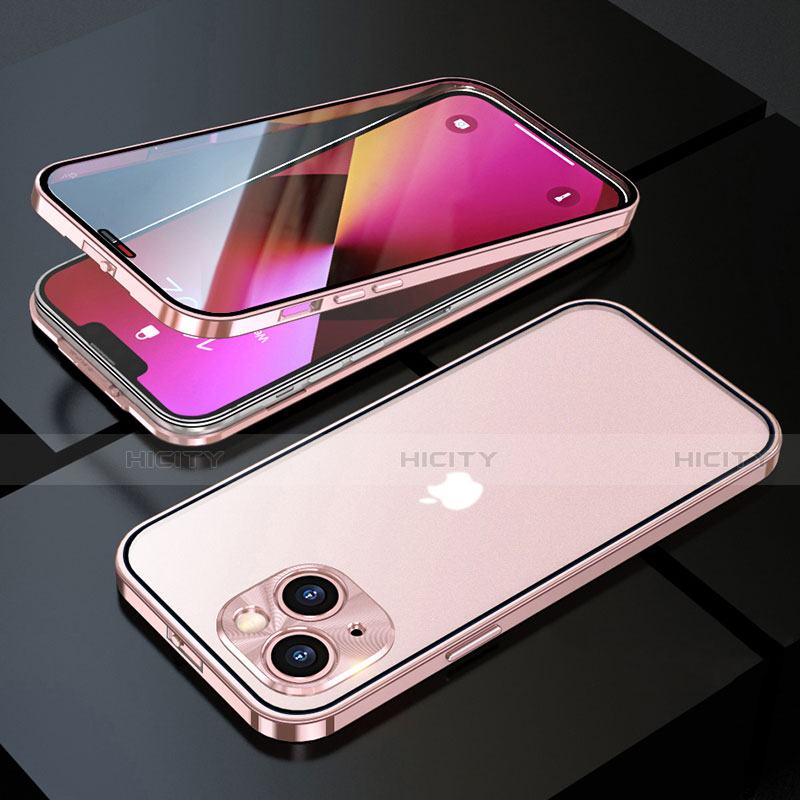 Funda Bumper Lujo Marco de Aluminio Espejo 360 Grados Carcasa M10 para Apple iPhone 14 Oro Rosa