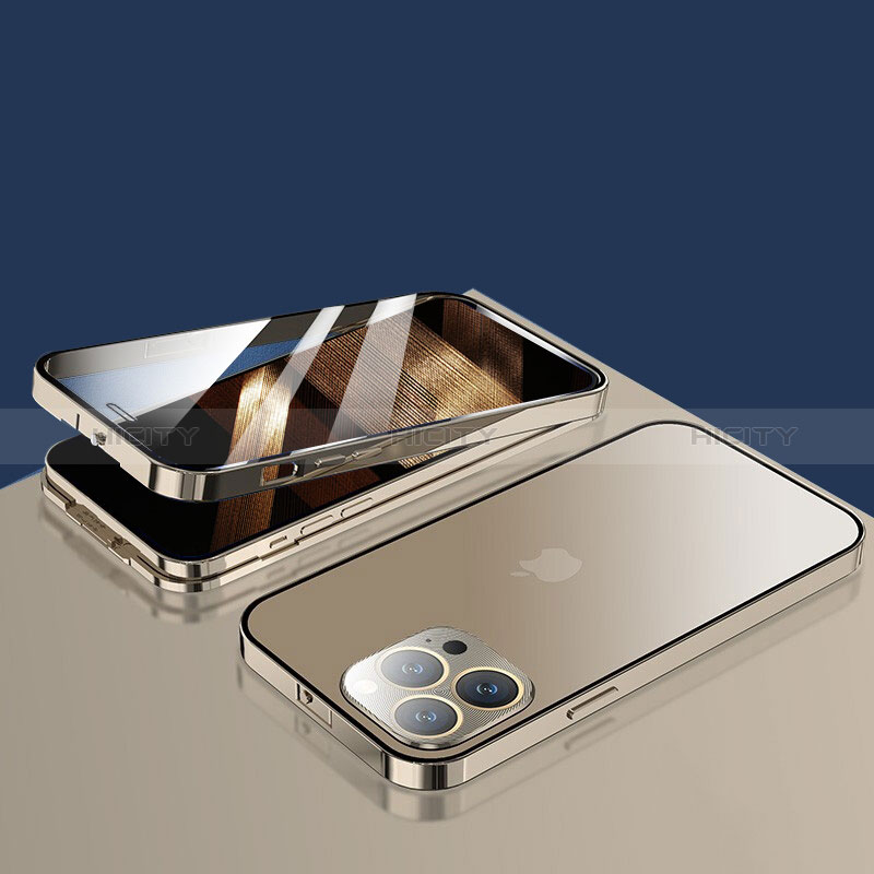 Funda Bumper Lujo Marco de Aluminio Espejo 360 Grados Carcasa M10 para Apple iPhone 14 Pro Max Oro