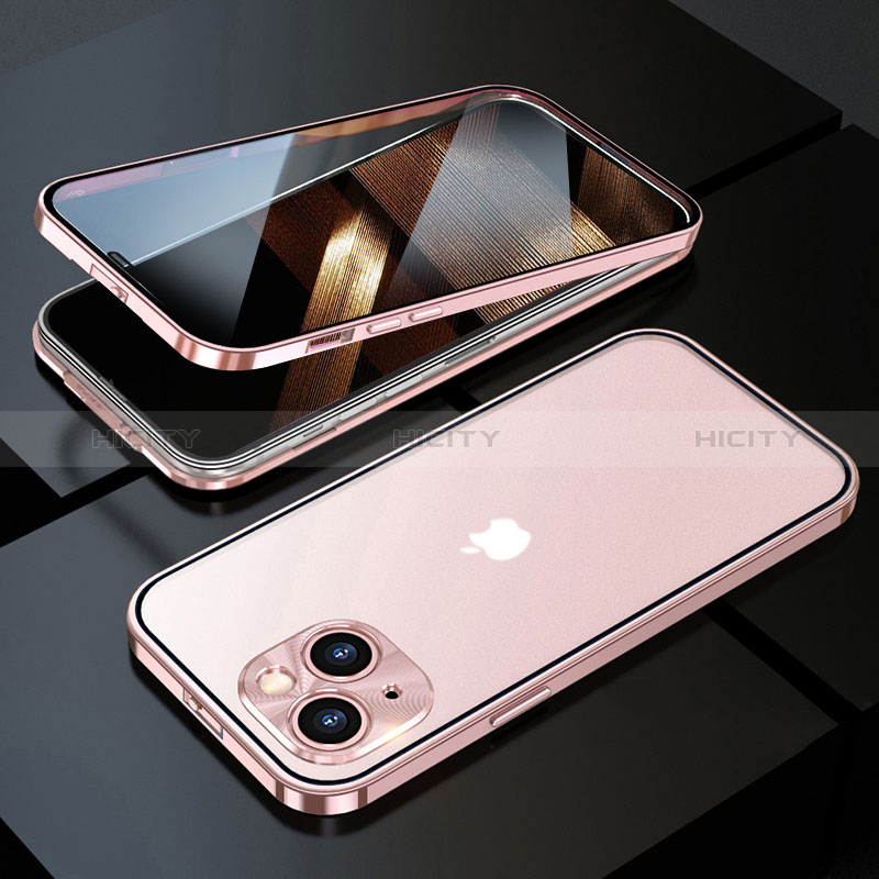 Funda Bumper Lujo Marco de Aluminio Espejo 360 Grados Carcasa M10 para Apple iPhone 15 Oro Rosa