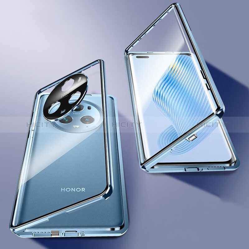 Funda Bumper Lujo Marco de Aluminio Espejo 360 Grados Carcasa P01 para Huawei Honor Magic5 Pro 5G Azul