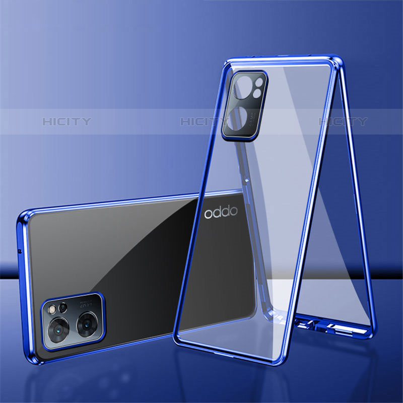 Funda Bumper Lujo Marco de Aluminio Espejo 360 Grados Carcasa P01 para Oppo Reno7 SE 5G Azul