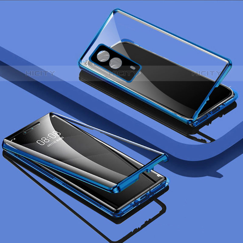 Funda Bumper Lujo Marco de Aluminio Espejo 360 Grados Carcasa P01 para Vivo iQOO Z5x 5G Azul