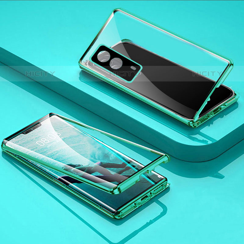 Funda Bumper Lujo Marco de Aluminio Espejo 360 Grados Carcasa P01 para Vivo iQOO Z5x 5G Verde