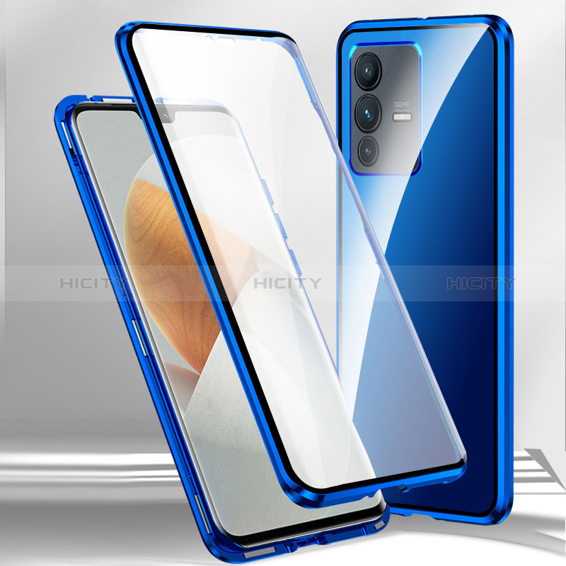 Funda Bumper Lujo Marco de Aluminio Espejo 360 Grados Carcasa P02 para Vivo V23 Pro 5G Azul