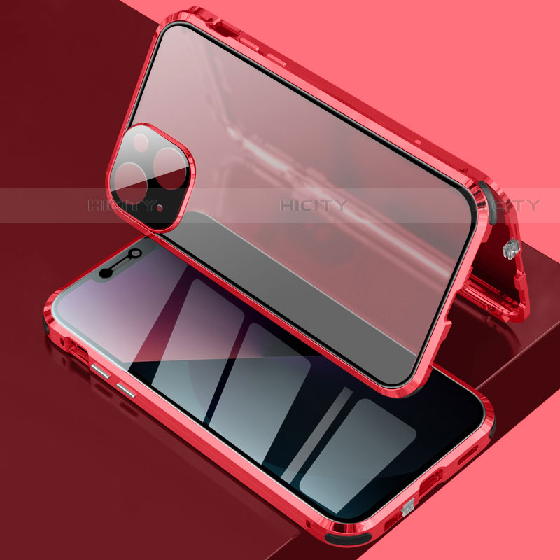 Funda Bumper Lujo Marco de Aluminio Espejo 360 Grados Carcasa para Apple iPhone 13 Mini Rojo