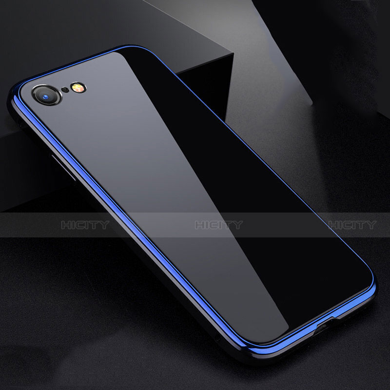 Funda Bumper Lujo Marco de Aluminio Espejo 360 Grados Carcasa para Apple iPhone 7 Azul y Negro