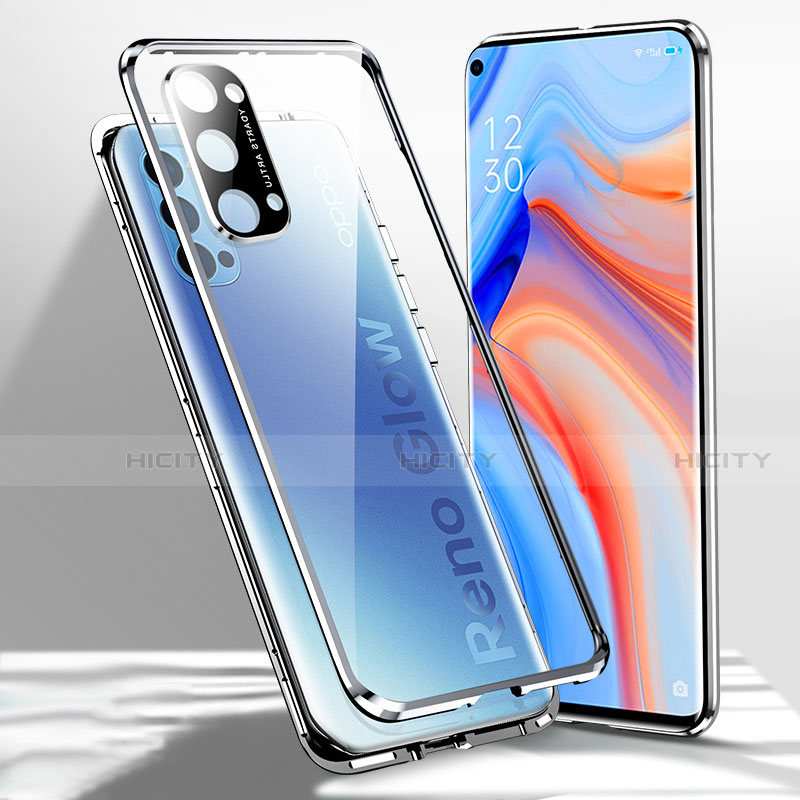 Funda Bumper Lujo Marco de Aluminio Espejo 360 Grados Carcasa para Oppo Reno4 Pro 5G Plata